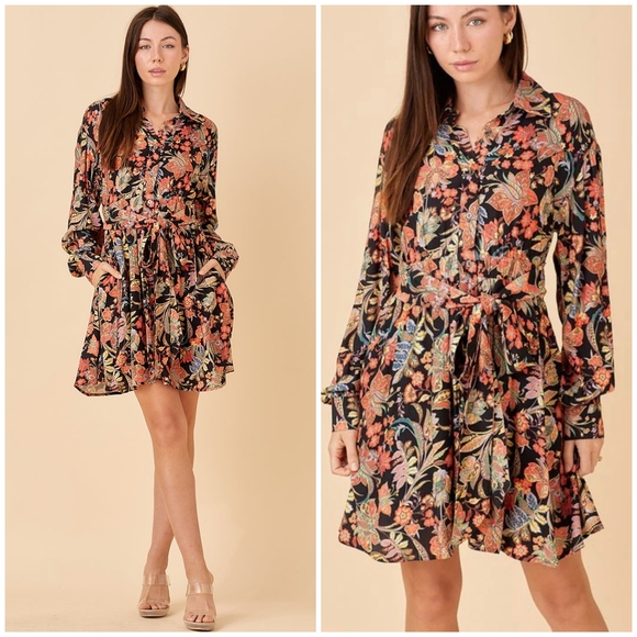 FEW LEFT❗️POLAGRAM Black Floral Long Sleeves Short Dress - Picture 6 of 8